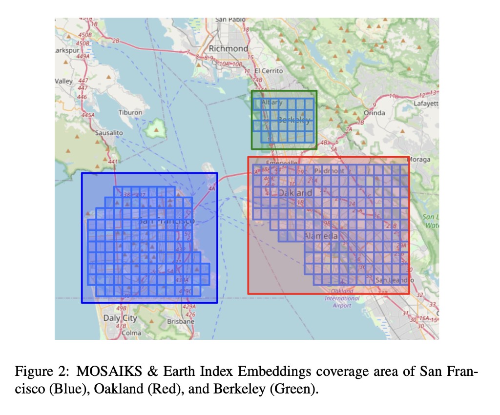 Map showing MOSAIKS and Earth Index embedding coverage areas for San Francisco, Oakland, and Berkeley
